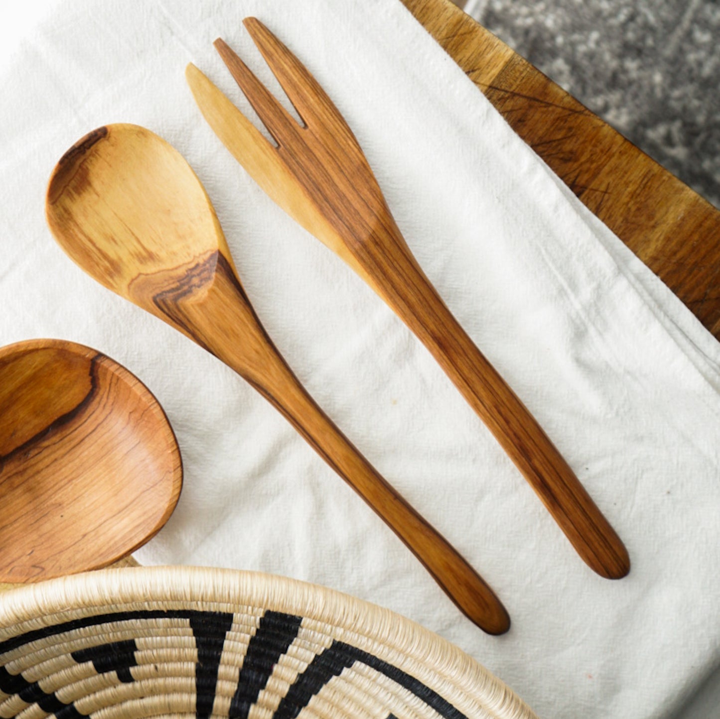 Simple Olive Wood Serving Utensils Set