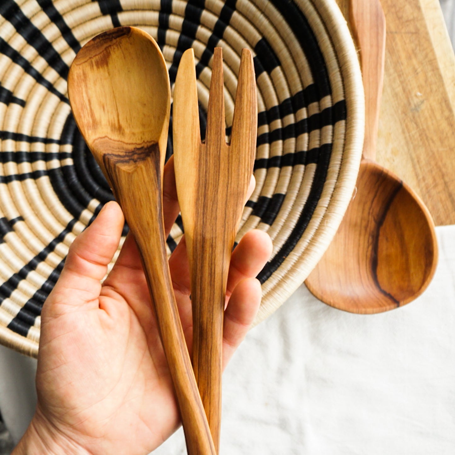 Simple Olive Wood Serving Utensils Set