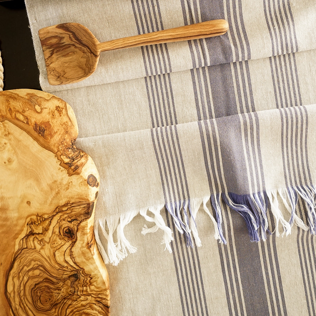 Wheat Table Runner with Blue Stripes