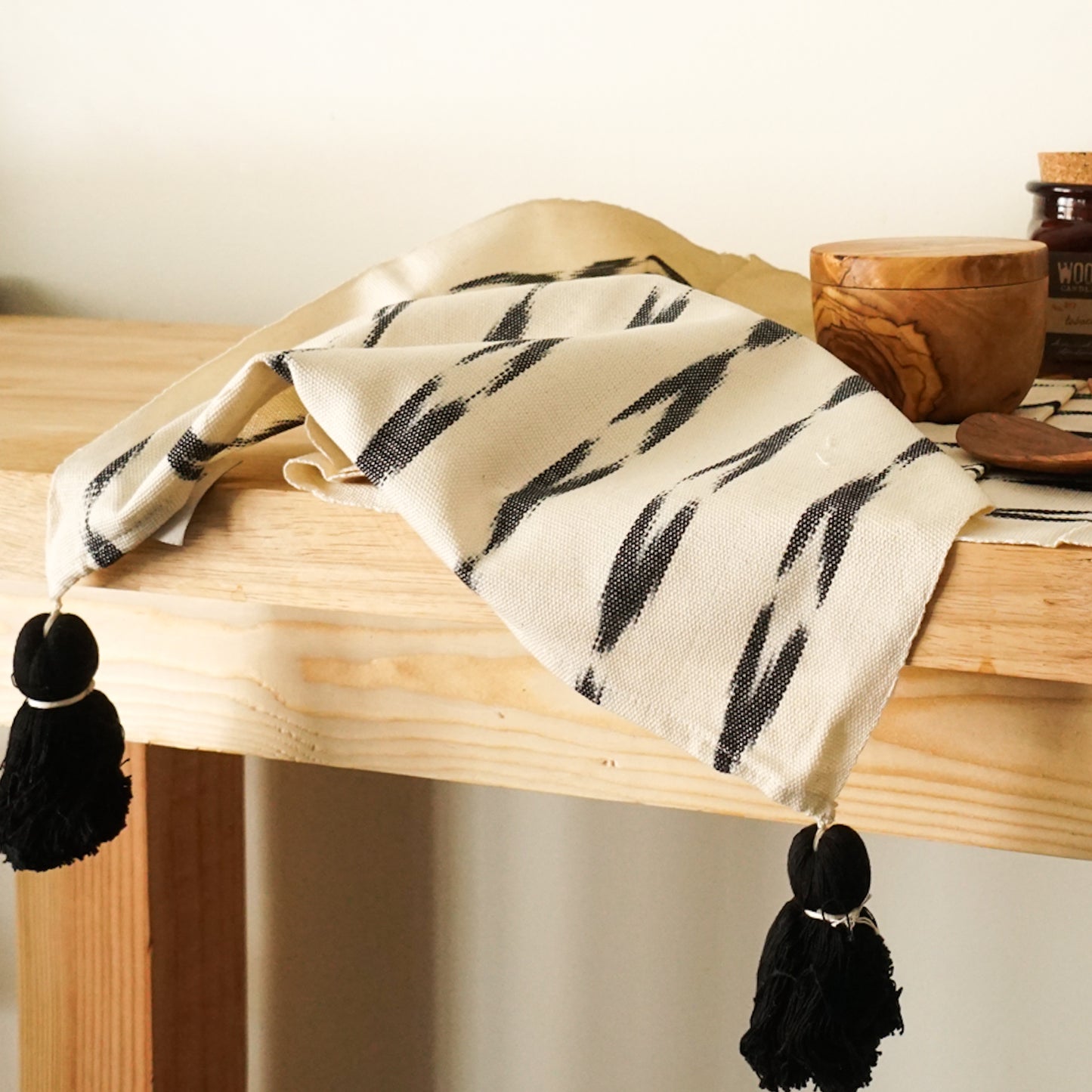 White Woven Table Runner with Black Tassels