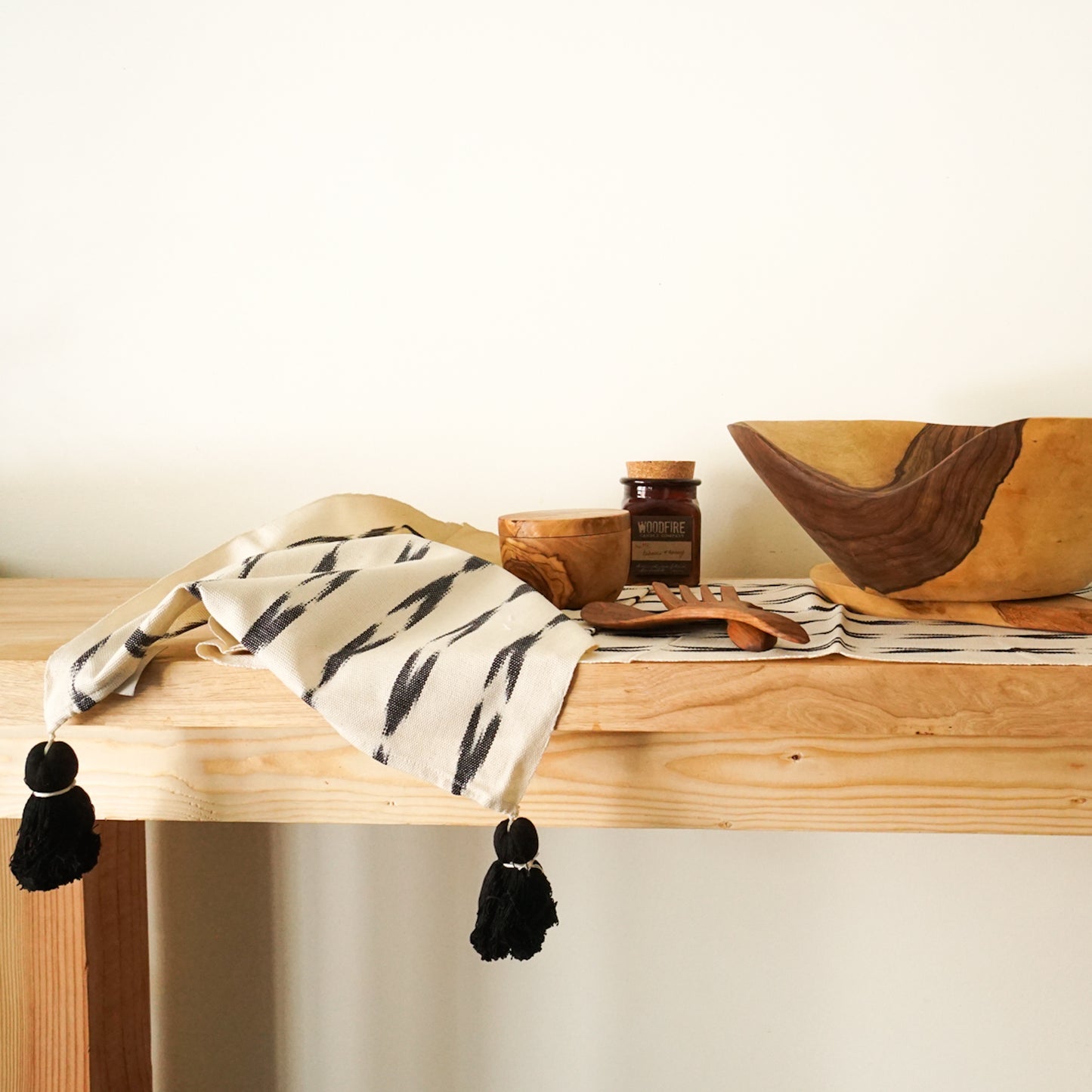 White Woven Table Runner with Black Tassels
