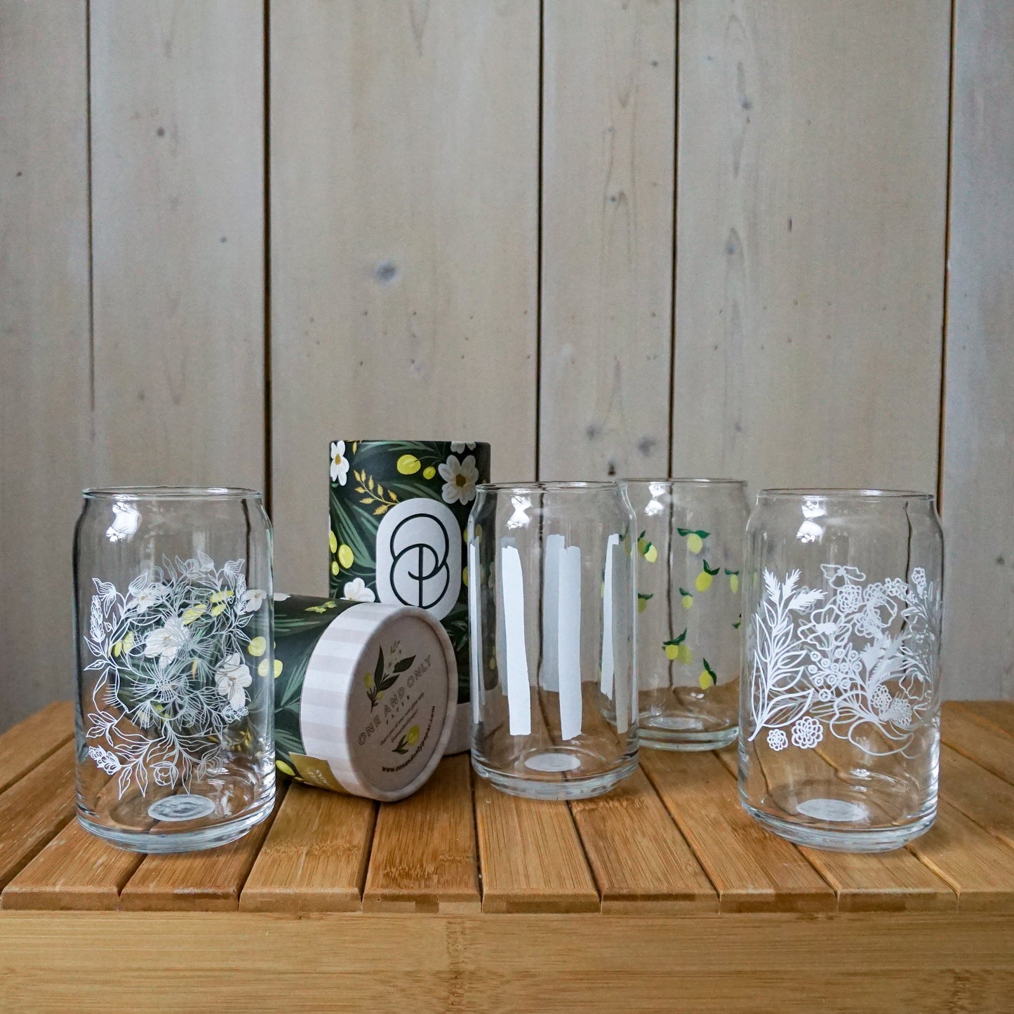 Soda Can Shaped Glass, Floral Pattern