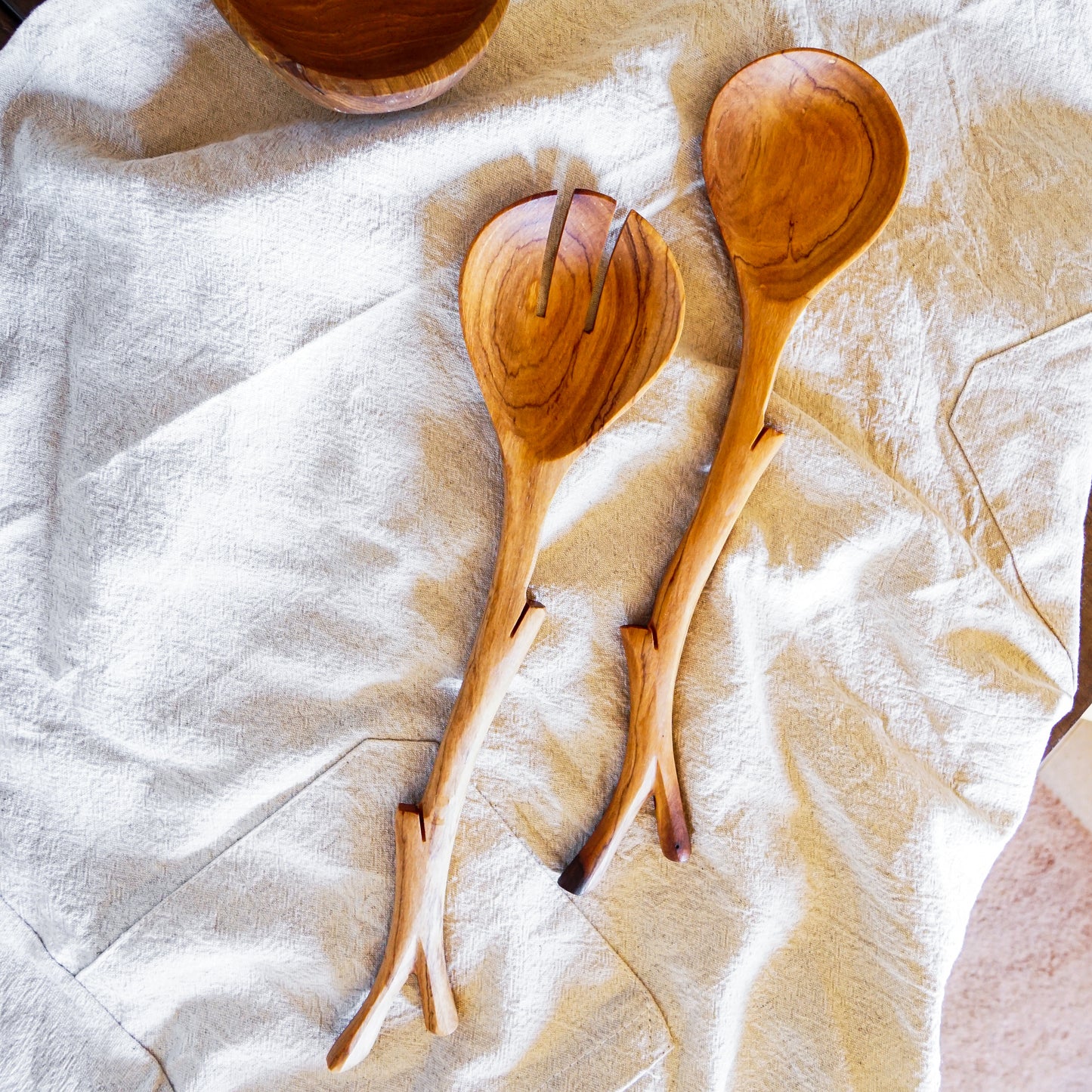 Serving set with wood branch handles